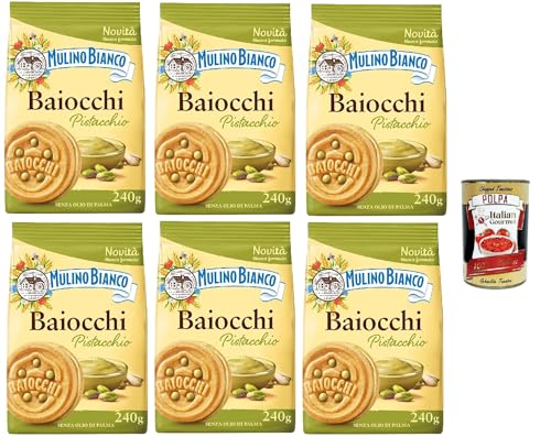 6x Mulino Bianco Baiocchi Pistacchio,Kekse mit Pistazien und Mürbeteig, ideal zum Frühstück oder Snack, ohne Palmöl 240g + Italian Gourmet Polpa di Pomodoro 400g Dose von Italian Gourmet E.R.