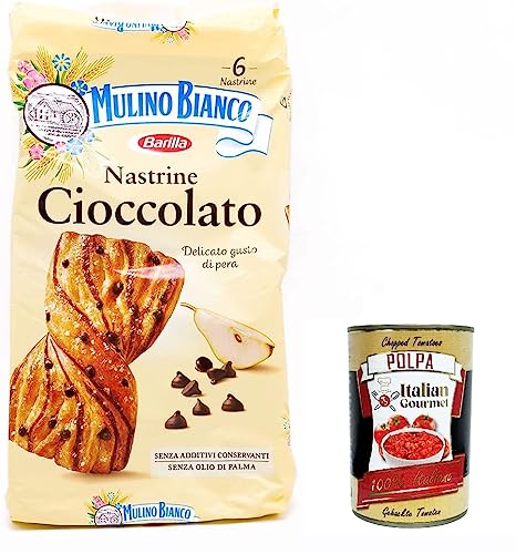 6x Mulino Bianco Nastrine con gocce di cioccolato, Snacks Schokoladenbänder, mit zartem Birnengeschmack, süßer Snack für zwischendurch – 6 Snacks + Italian gourmet polpa 400g von Italian Gourmet E.R.