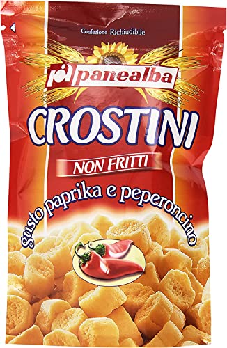 6x Panealba Crostini Paprika e Peperoncino Croutons mit Paprika and Chilli Gesalzener Snack Nicht Gebraten Nicht Frittiertes 100g von Italian Gourmet E.R.