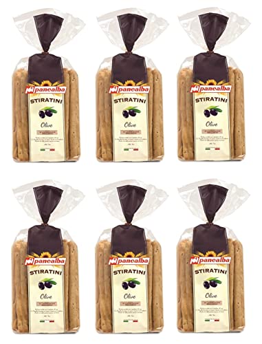 6x Panealba Stiratini Olive Nere Salziger Snack mit Schwarze Oliven 150g Packung von Italian Gourmet E.R.