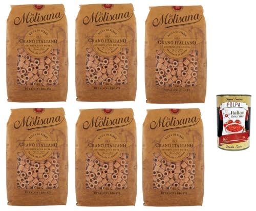 6x Pasta La Molisana Ditaloni Rigat n.42 Integrale Vollkornnudeln Kurze Nudeln, NUR italienischer Weizen - 500g + Italian Gourmet P0lpa 400g von Italian Gourmet E.R.