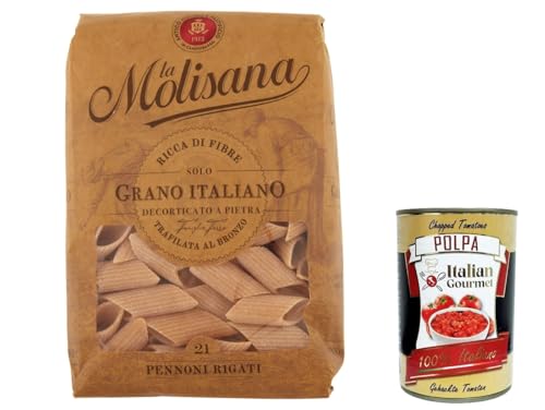 6x Pasta La Molisana Pennoni Rigati n.21 Integrale Vollkornnudeln Kurze Nudeln, NUR italienischer Weizen - 500g + Italian Gourmet P0lpa 400g von Italian Gourmet E.R.