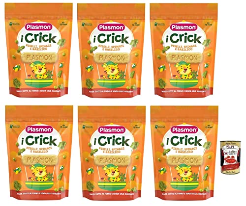 6x Plasmon i Crick,Snacks mit Erbsen, Spinat, Basilikum Geschmack Beutel mit 100g + Italian Gourmet Polpa di Pomodoro 400g Dose von Italian Gourmet E.R.