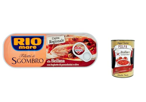 6x Rio Mare Filetti di Sgombro alla Siciliana Makrelenfilets mit Tomaten-Oliven-Sauce 120g reich an Omega 3 + Italian Gourmet polpa 400 von Italian Gourmet E.R.