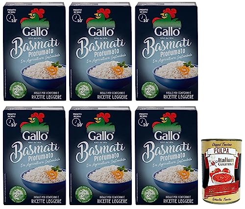 6x Riso Gallo Basmati Profumato,Reis aus nachhaltiger Landwirtschaft,Kochzeit 10 Minuten,Ideal für Beilagen und leichte Rezepte,500g + Italian Gourmet Polpa di Pomodoro 400g Dose von Italian Gourmet E.R.