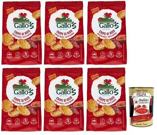 6x Riso Gallo Chips con Riso Rosso,Snack mit Vollkorn Rotem Reis und Paprika Geschmack,40g-Beutel + Italian Gourmet Polpa di Pomodoro 400g Dose von Italian Gourmet E.R.