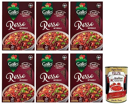 6x Riso Gallo Riso Rosso Integrale,Vollkorn Roter Reis,100% Italienischer Reis Ideal als Beilage oder zur Zubereitung von Salaten,500-g-Packung + Italian Gourmet Polpa di Pomodoro 400g Dose von Italian Gourmet E.R.