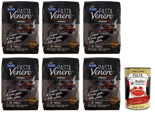 6x Riso Scotti Pasta Venere Fusilli,Pasta aus Hartweizengrieß und Schwarzem Venere-Vollkornreismehl,Packung mit 400g + Italian Gourmet Polpa di Pomodoro 400g Dose von Italian Gourmet E.R.