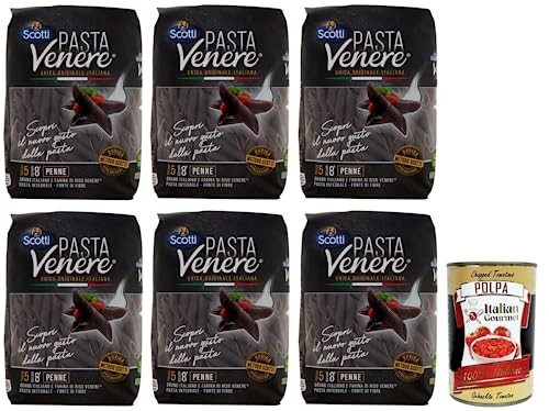 6x Riso Scotti Pasta Venere Penne Rigate,Pasta aus Hartweizengrieß und Schwarzem Venere-Vollkornreismehl,Packung mit 400g + Italian Gourmet Polpa di Pomodoro 400g Dose von Italian Gourmet E.R.