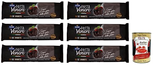 6x Riso Scotti Pasta Venere Spaghetti,Pasta aus Hartweizengrieß und Schwarzem Venere-Vollkornreismehl,Packung mit 400g + Italian Gourmet Polpa di Pomodoro 400g Dose von Italian Gourmet E.R.