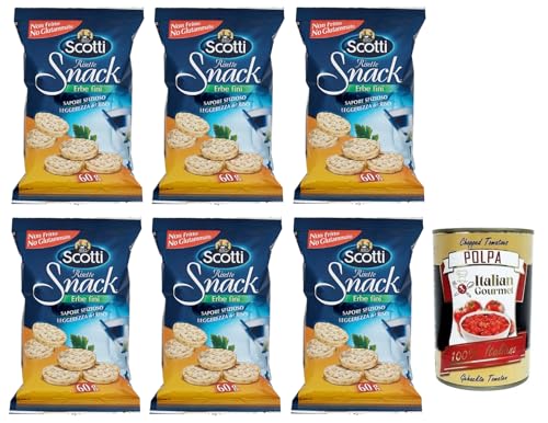 6x Riso Scotti Risette Erbe Fini,Reis-Snack mit Feinen Kräutern,Glutenfreie Bio Reiskuchen,Nicht Frittiert,Kein Glutamat 60g + Italian Gourmet Polpa di Pomodoro 400g Dose von Italian Gourmet E.R.