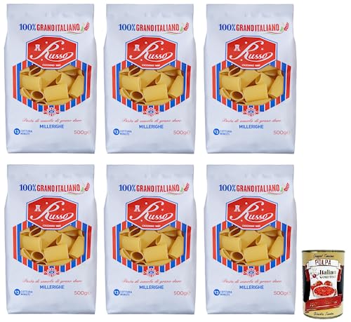 6x Russo Millerighe N°26 Hartweizengrieß Pasta,100% Italienischer Weizen,500g-Packung + Italian Gourmet Polpa di Pomodoro 400g Dose von Italian Gourmet E.R.
