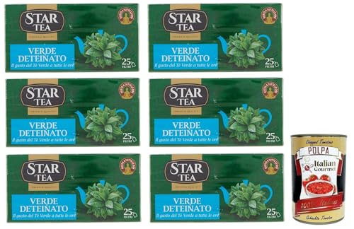 6x STAR Tea Verde Deteinato,Grüner Tee ohne Tein,Packung mit 25 Filtern + Italian Gourmet Polpa di Pomodoro 400g Dose 6x STAR Tea Verde Deteinato,Grüner Tee ohne Tein,Packung mit 25 Filtern + Italian Gourmet Polpa di Pomodoro 400g Dose von Italian Gourmet E.R.