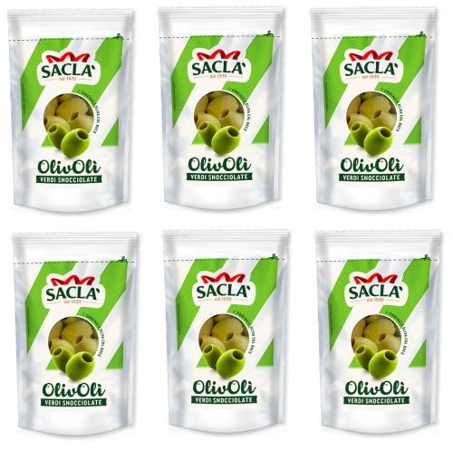 6x Saclà OlivOli Olive Verdi Snocciolate Entkernte Grüne Oliven Ideal für Aperitifs, Salate und zum Anreichern Ihrer Gerichte 185g Beutel (85g Abgetropft) von Italian Gourmet E.R.
