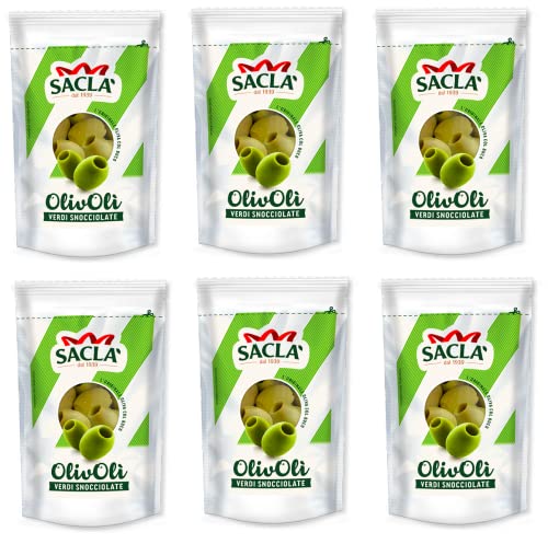 6x Saclà OlivOli Olive Verdi Snocciolate Entkernte Grüne Oliven Ideal für Aperitifs, Salate und zum Anreichern Ihrer Gerichte 185g Beutel (85g Abgetropft) von Italian Gourmet E.R.