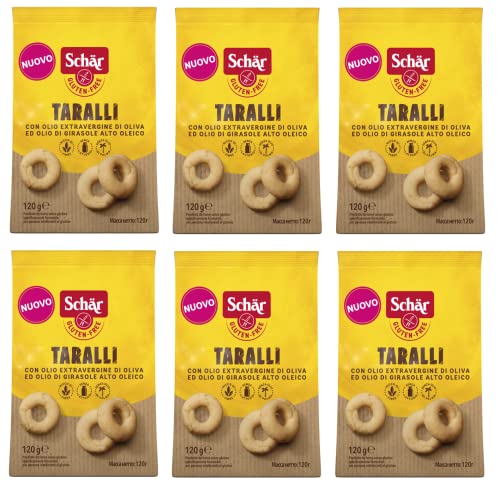 6x Schär Gluten Free Taralli mit Nativem Olivenöl Extra und Sonnenblumenöl Salziger Snack Glutenfrei 120g Beutel Perfekter Aperitif-Snack von Italian Gourmet E.R.