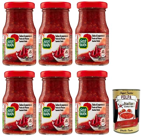 6x Suzi Wan Salsa di Peperoncini,Chilisoße,Sauce Chilischoten,Scharfe Sauce,Ideal für typisch orientalische Gerichte,Glas 100g + Italian Gourmet Polpa di Pomodoro 400g Dose von Italian Gourmet E.R.