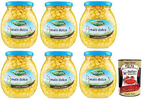 6x Valfrutta Mais Dolce Italiano,Weicher und Natürlich süßer Italienischer Gedämpfter Mais,Glas 360g + Italian Gourmet Polpa di Pomodoro 400g Dose von Italian Gourmet E.R.