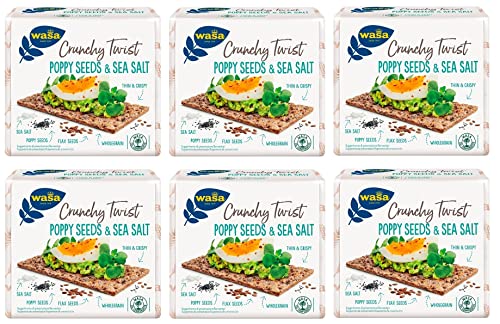 6x Wasa Crunchy Twist Poppy Seeds & Sea Salt, Ballaststoffreiche Vollkorncracker mit Roggenmehl, Leinsamen, Mohn und Meersalz 245g+ Kostenlose Italian Gourmet Polpa di Pomodoro 400g Dose von Italian Gourmet E.R.