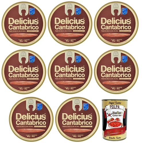 8x Delicius Cantabrico Filetti di Alici in Olio di Oliva,Sardellenfilets in Olivenöl,Hochwertiger Blauer Fisch,90g Dose + Italian Gourmet Polpa di Pomodoro 400g Dose 8x Delicius Cantabrico Filetti di Alici in Olio di Oliva,Sardellenfilets in Olivenöl,Hochwertiger Blauer Fisch,90g Dose + Italian Gourmet Polpa di Pomodoro 400g Dose von Italian Gourmet E.R.