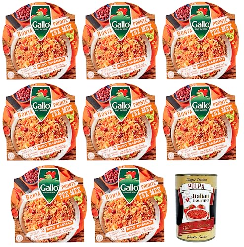 8x Gallo Bontà Pronte Tex-Mex Riso Basmati,Vorgekochte Zubereitung auf Basis von braunem Basmatireis, Paprika, Bohnen, Hühnchen und Chorizo,220g + Italian Gourmet Polpa di Pomodoro 400g Dose von Italian Gourmet E.R.