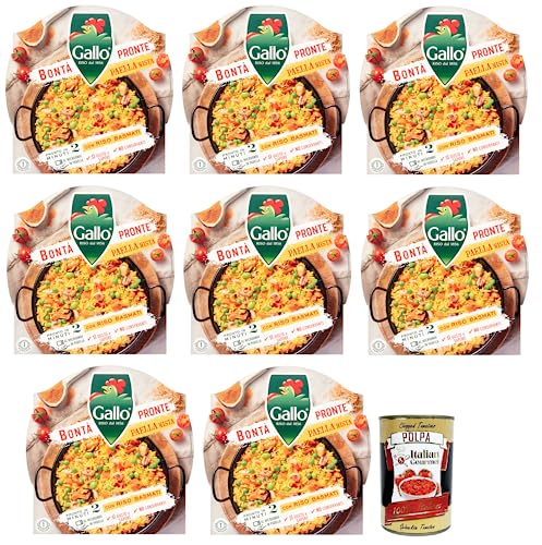 8x Riso Gallo Bontà Pronte Paella Mista mit Vollkorn-Basmatireis, Gemüse, Hähnchen, Muscheln und Tintenfisch,Packung mit 220g + Italian Gourmet Polpa di Pomodoro 400g Dose von Italian Gourmet E.R.