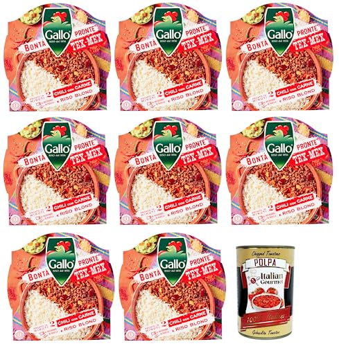 8x Riso Gallo Bontà Pronte Tex-Mex Chili con Carne,Vorgekochte Zubereitung auf Basis von Parboiled-Reis, Bohnen, Fleisch und Paprika 220g + Italian Gourmet Polpa di Pomodoro 400g Dose von Italian Gourmet E.R.