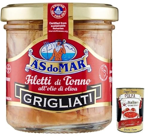 AS do MAR Filetti di Tonno Grigliati all'Olio di Oliva,Gegrillte Thunfischfilets in Olivenöl,150g Glas + Italian Gourmet Polpa di Pomodoro 400g Dose von Italian Gourmet E.R.