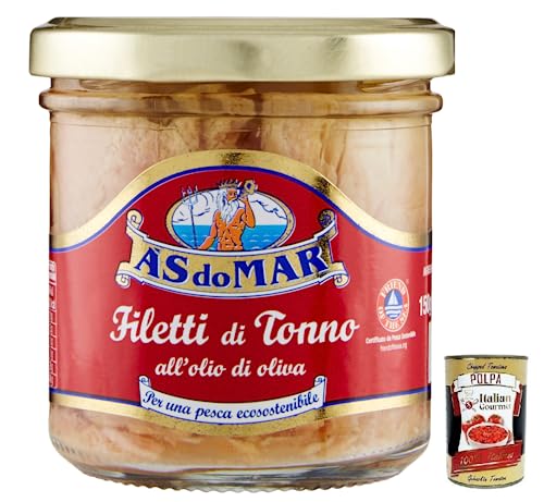 AS do MAR Filetti di Tonno all'Olio di Oliva,Thunfischfilets in Olivenöl,150g Glas + Italian Gourmet Polpa di Pomodoro 400g Dose von Italian Gourmet E.R.