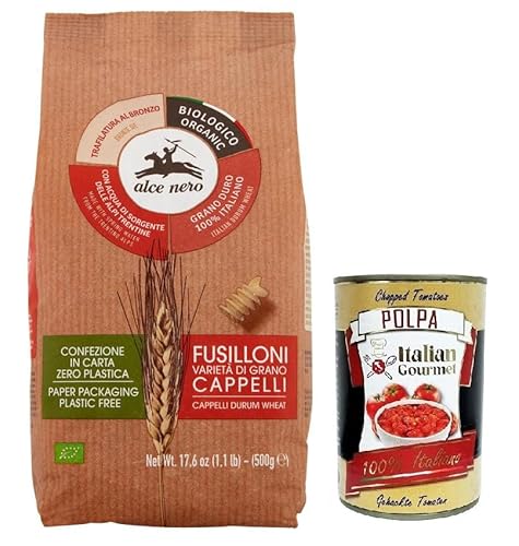 Alce Nero Pasta Fusilloni,Bio-Hartweizen Nudeln,Mit Bio-Cappelli-Hartweizen,Angebaut in Italien,Packung mit 500g + Italian Gourmet Polpa di Pomodoro 400g Dose von Italian Gourmet E.R.