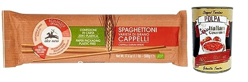 Alce Nero Pasta Spaghettoni,Bio-Hartweizen Nudeln,Mit Bio-Cappelli-Hartweizen,Angebaut in Italien,Packung mit 500g + Italian Gourmet Polpa di Pomodoro 400g Dose von Italian Gourmet E.R.