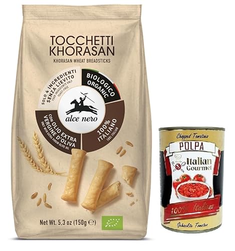 Alce Nero Tocchetti Breadsticks,Bio-Backprodukt mit Bio-Khorasan-Weizen und extra natives Olivenöl,Packung mit 150g + Italian Gourmet Polpa di Pomodoro 400g Dose von Italian Gourmet E.R.