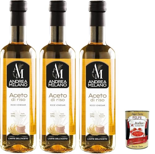 Andrea Milano, Aceto di Riso, Reisessig, Ideales Gewürz für Sushi und Marinade, es passt perfekt zu Fisch und Gemüsegerichten, Säure 5%, 3x 500 ml + Italian Gourmet polpa 400g Andrea Milano, Aceto di Riso, Reisessig, Ideales Gewürz für Sushi und Marinade, es passt perfekt zu Fisch und Gemüsegerichten, Säure 5%, 3x 500 ml + Italian Gourmet polpa 400g von Italian Gourmet E.R.