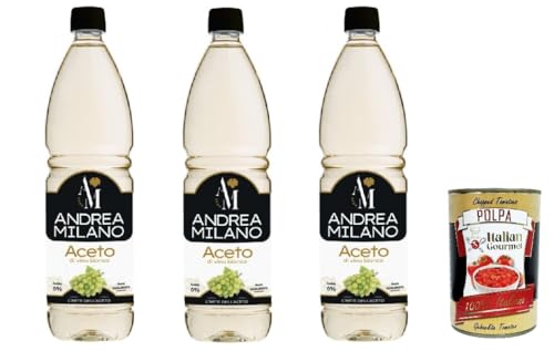 Andrea Milano, Weißweinessig, ideal zum Kombinieren mit rohem Gemüse, hervorragend zum Marinieren und Saucen, ausgeglichener Geschmack, 6% Säure, 3x 1LT + Italian Gourmet polpa 400g von Italian Gourmet E.R.