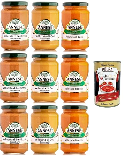 Annese Testpaket Vellutata di Lenticchie,Ceci Decorticati e Zucca Samtige Suppe aus Linsen, geschälten Kichererbsen und Kürbis 9x360gr + Italian Gourmet polpa 400g Annese Testpaket Vellutata di Lenticchie,Ceci Decorticati e Zucca Samtige Suppe aus Linsen, geschälten Kichererbsen und Kürbis 9x360gr + Italian Gourmet polpa 400g von Italian Gourmet E.R.