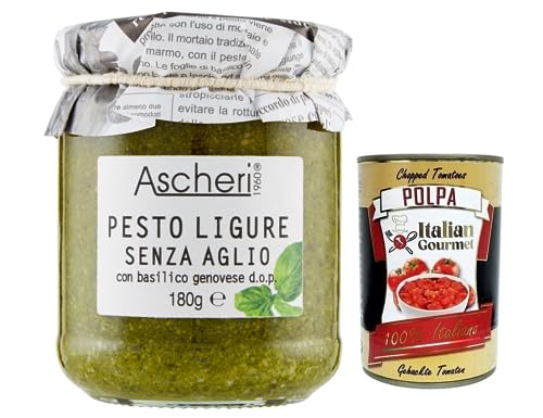 Ascheri 1960 Pesto Ligure Senza Aglio con Basilico Genovese,Pesto Sauce Ohne Knoblauch mit Genuesischem Basilikum d.o.p. Glas 180g + Italian Gourmet Polpa di Pomodoro 400g Dose von Italian Gourmet E.R.