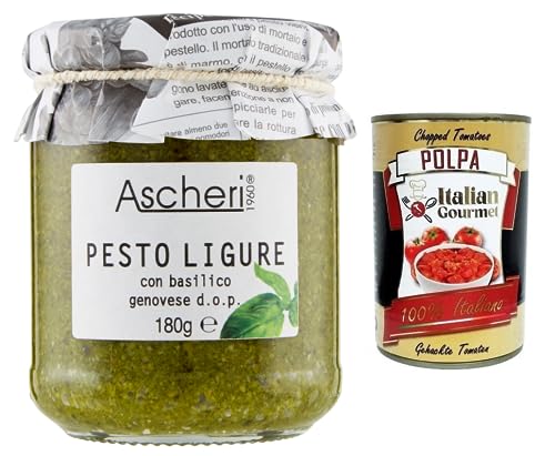 Ascheri 1960 Pesto Ligure con Basilico Genovese,Pesto Sauce mit Genuesischem Basilikum d.o.p. Glas 180g + Italian Gourmet Polpa di Pomodoro 400g Dose von Italian Gourmet E.R.