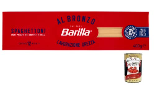 Barilla Pasta Al Bronzo Spaghettoni 100% italienischer Weizen,Bronze Zeichnung,Italienische Nudeln,400g + Italian Gourmet Polpa di Pomodoro 400g Dose von Italian Gourmet E.R.