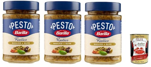 Barilla Pesto Rustico Basilico E Olive, Pesto pasta sauce mit Basilikum und Oliven, Mit Olivenstücken. 3x 200g + Italian Gourmet polpa 400g Barilla Pesto Rustico Basilico E Olive, Pesto pasta sauce mit Basilikum und Oliven, Mit Olivenstücken. 3x 200g + Italian Gourmet polpa 400g von Italian Gourmet E.R.