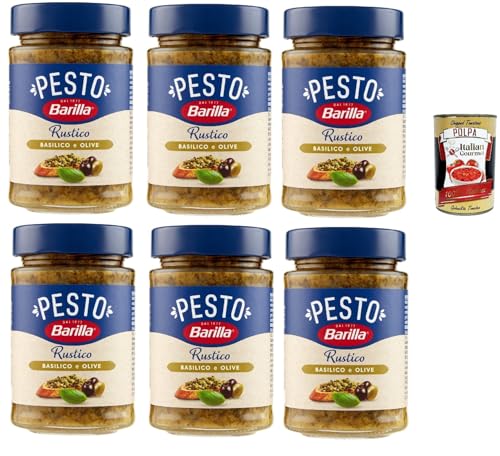 Barilla Pesto Rustico Basilico E Olive, Pesto pasta sauce mit Basilikum und Oliven, Mit Olivenstücken. 6x 200g + Italian Gourmet polpa 400g Barilla Pesto Rustico Basilico E Olive, Pesto pasta sauce mit Basilikum und Oliven, Mit Olivenstücken. 6x 200g + Italian Gourmet polpa 400g von Italian Gourmet E.R.