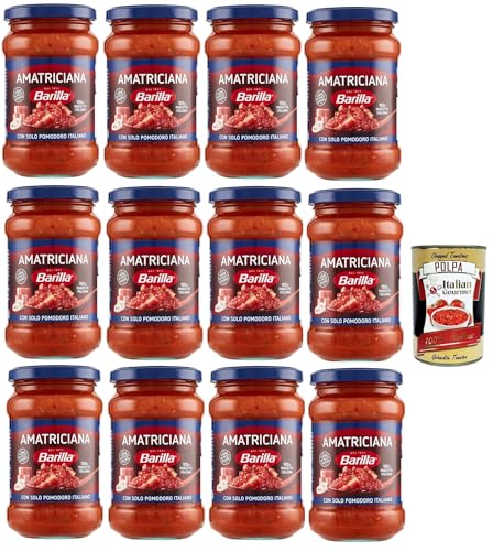 Barilla Sugo all'Amatriciana, Salsa, Fertige Tomatensauce mit 100% italienischem Speck, Zwiebeln und Chilischote 12x 300 gr + Italian Gourmet polpa 400g Barilla Sugo all'Amatriciana, Salsa, Fertige Tomatensauce mit 100% italienischem Speck, Zwiebeln und Chilischote 12x 300 gr + Italian Gourmet polpa 400g von Italian Gourmet E.R.