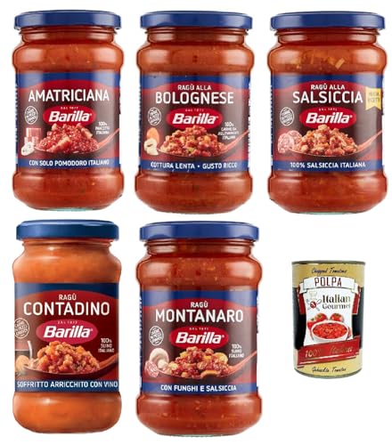Barilla Sugo ragu testpaket, Salsa, Fertige Tomatensauce mit 100% italienischem, amatriciana, bolognese, contadino, montanaro, salsiccia 5x 300 gr + Italian Gourmet polpa 400g Barilla Sugo ragu testpaket, Salsa, Fertige Tomatensauce mit 100% italienischem, amatriciana, bolognese, contadino, montanaro, salsiccia 5x 300 gr + Italian Gourmet polpa 400g von Italian Gourmet E.R.