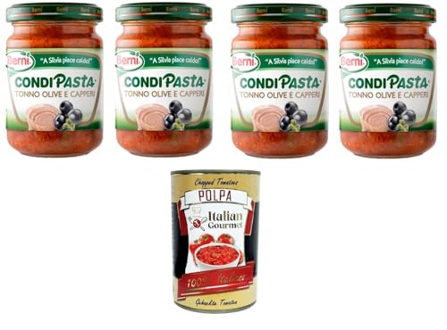Berni Condipasta Tonno, Olive e capperi Thunfisch, Oliven und Kapern konserviertes Gewürz für erste Gänge und Bruschetta 4x130gr + Italian Gourmet polpa 400g Berni Condipasta Tonno, Olive e capperi Thunfisch, Oliven und Kapern konserviertes Gewürz für erste Gänge und Bruschetta 4x130gr + Italian Gourmet polpa 400g von Italian Gourmet E.R.