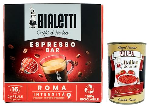 Bialetti Caffè d'Italia Espresso Bar Capsule Roma 16 Kaffeekapseln die nur mit Bialetti-Maschinen funktionieren,Jede Kapsel enthält 7 Gramm Kaffee + Italian Gourmet Polpa di Pomodoro 400g Dose von Italian Gourmet E.R.
