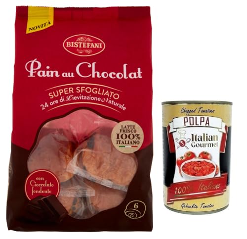 Bistefani Pain au Chocolat Natürlich Gesäuertes Backprodukt gefüllt mit Schokoladentropfen,270g Packung, jede Packung enthält 6 Schokoladenbrot ab 45g + Italian Gourmet Polpa di Pomodoro 400g Dose von Italian Gourmet E.R.