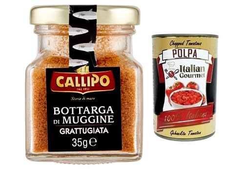 Callipo Bottarga Di Muggine Grattugiata,Geriebener Meeräsche Bottarga,Meeräschenrogen 96%,Glas 35g + Italian Gourmet Polpa di Pomodoro 400g Dose von Italian Gourmet E.R.