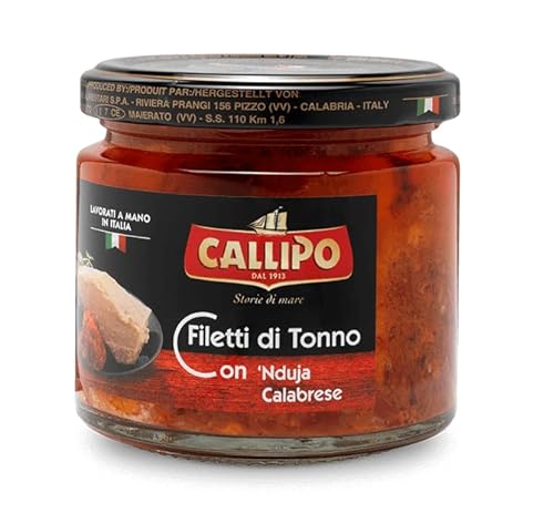 Callipo Filetti di Tonno con Nduja Calabrese Thunfisch Thunfischfilets mit Kalabrischer Scharfer Sauce Glasgefäß von 200g von Italian Gourmet E.R.