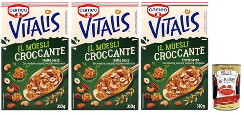 Cameo Vitalis Muesli Croccante Frutta Secca, Müsli knusprige getrocknete Früchte mit Ganzhöfenflocken Hafer Mandeln Anacardi Haselnüsse und Pekannusswalnüsse, 3x 310 g + Italian Gourmet polpa 400g Cameo Vitalis Muesli Croccante Frutta Secca, Müsli knusprige getrocknete Früchte mit Ganzhöfenflocken Hafer Mandeln Anacardi Haselnüsse und Pekannusswalnüsse, 3x 310 g + Italian Gourmet polpa 400g von Italian Gourmet E.R.