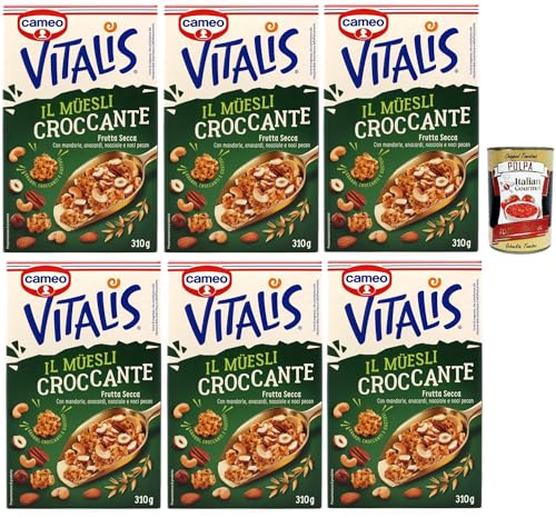 Cameo Vitalis Muesli Croccante Frutta Secca, Müsli knusprige getrocknete Früchte mit Ganzhöfenflocken Hafer Mandeln Anacardi Haselnüsse und Pekannusswalnüsse, 6x 310 g + Italian Gourmet polpa 400g Cameo Vitalis Muesli Croccante Frutta Secca, Müsli knusprige getrocknete Früchte mit Ganzhöfenflocken Hafer Mandeln Anacardi Haselnüsse und Pekannusswalnüsse, 6x 310 g + Italian Gourmet polpa 400g von Italian Gourmet E.R.
