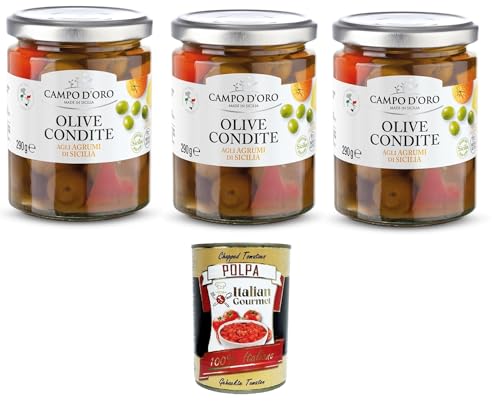 Campo D'Oro Olive Condite agli agrumi di Sicilia Oliven von Campo D'Oro, gewürzt mit sizilianischen Zitrusfrüchten 3x290gr + Italian Gourmet polpa 400g Campo D'Oro Olive Condite agli agrumi di Sicilia Oliven von Campo D'Oro, gewürzt mit sizilianischen Zitrusfrüchten 3x290gr + Italian Gourmet polpa 400g von Italian Gourmet E.R.
